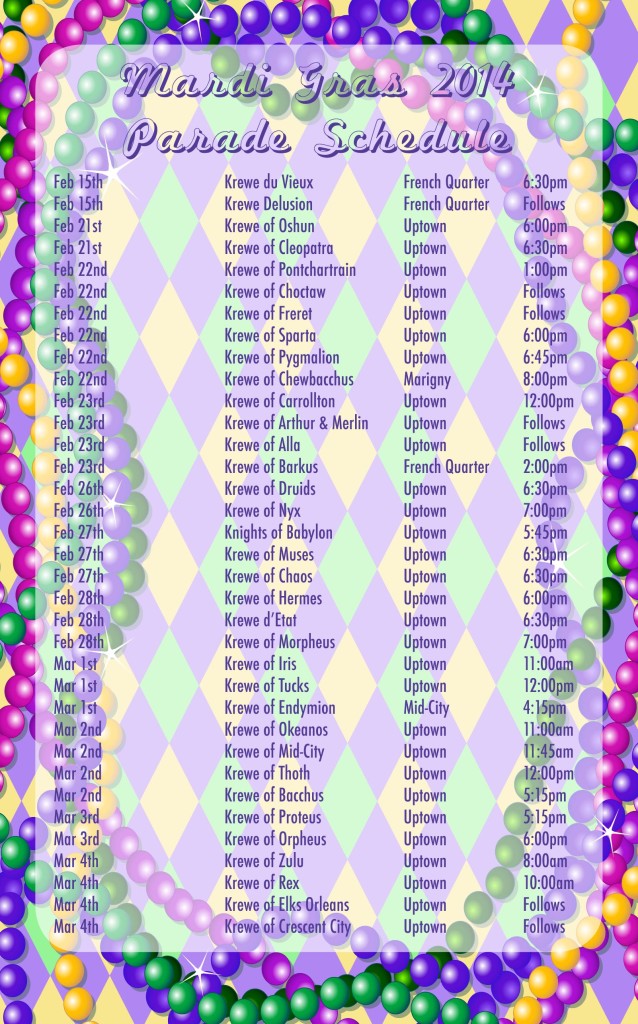 Mardi Gras 2014 Parade Schedule courtesy of Bloom Legal