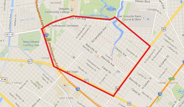 Outline is the approximate boundaries for Mid-City's Crime Prevention District. Photo courtesy of Google Maps.