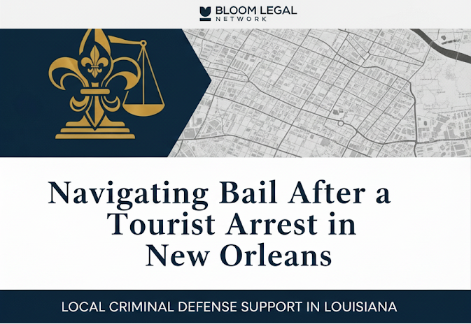 Bloom Legal Network resource explaining the bail process for tourists arrested in New Orleans and why hiring a local defense attorney is crucial.