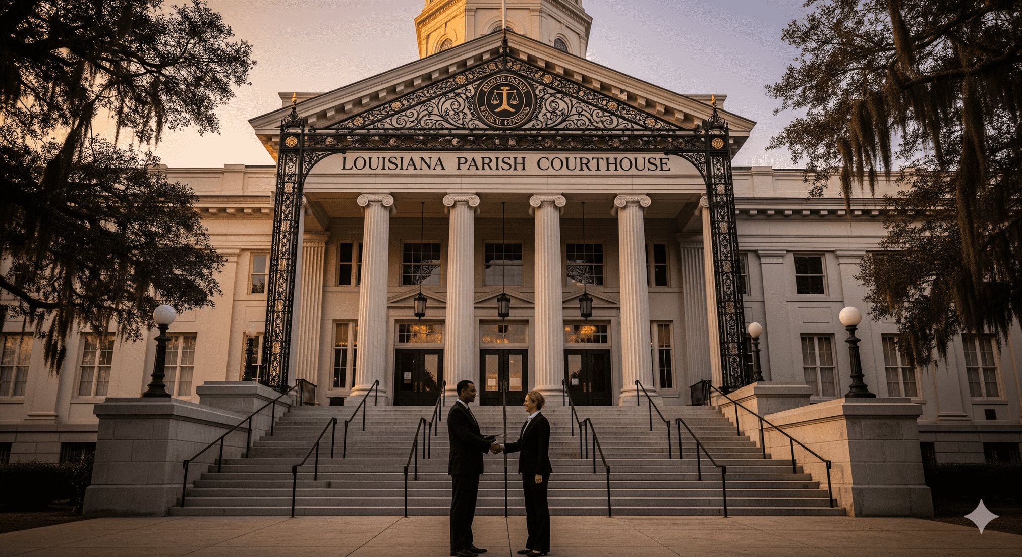 Courthouse in Louisiana symbolizing legal defense options like diversion programs, probation, and community service as alternatives to jail