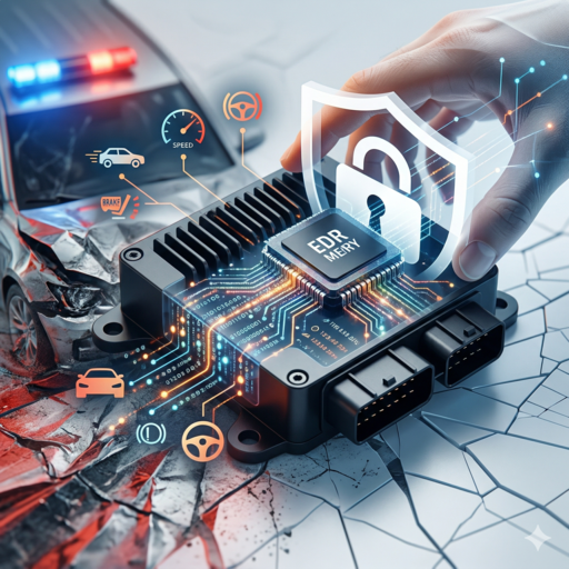 A conceptual image of a vehicle's Black Box (Event Data Recorder) being digitally secured and analyzed after a car crash, highlighting speed, braking, and steering data for a Louisiana accident lawsuit.