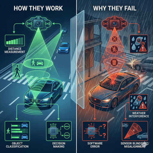 A split-panel infographic without text showing how car collision avoidance systems work on the left (green, successful object detection) and why they fail on the right (red, sensor failure and software error), used as a visual resource for a collision avoidance systems lawyer.