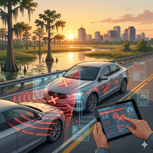 A concept image for a Louisiana automatic emergency braking (AEB) failure lawyer, showing a professional investigation into vehicle sensor data and fault codes following a crash on a bayou causeway. Red diagnostic diagnostics highlight the failed sensor array.