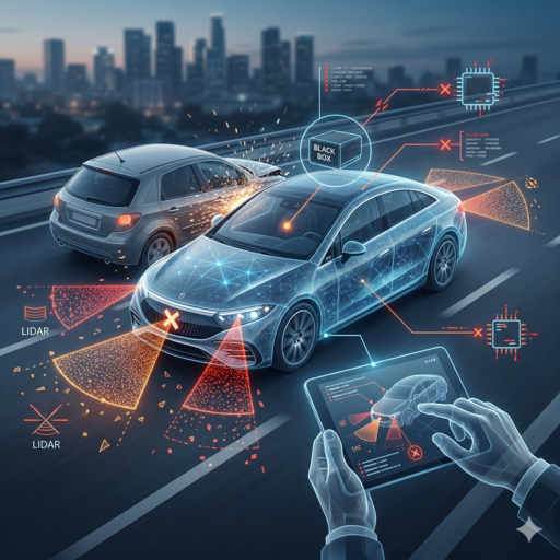 A concept image for an automated vehicle accident lawyer, showing a professional investigator analyzing car sensor data with a magnifying glass on a historic French Quarter street.